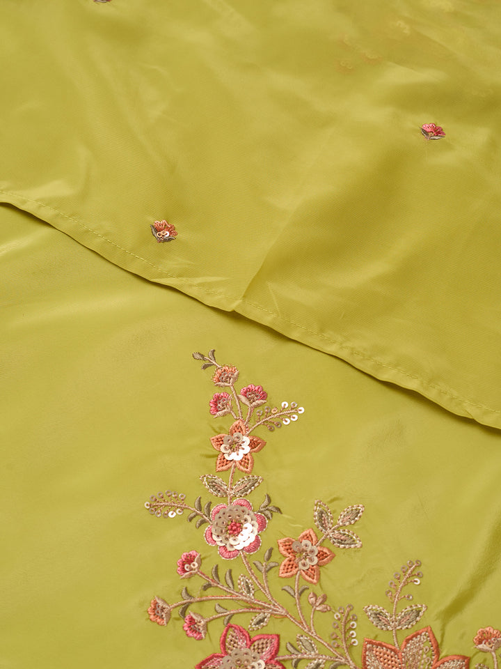 Leaf Green Semi Crepe Threadwork Straight Kurta With Pant Regular And Dupatta