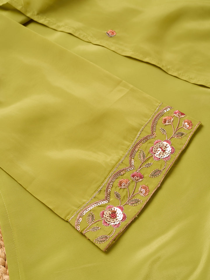 Leaf Green Semi Crepe Threadwork Straight Kurta With Pant Regular And Dupatta