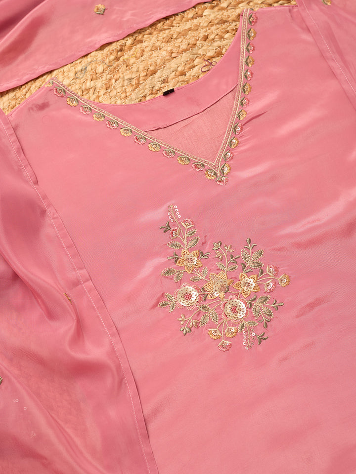 Onion Pink Semi Crepe Threadwork Straight Kurta With Pant Regular And Dupatta