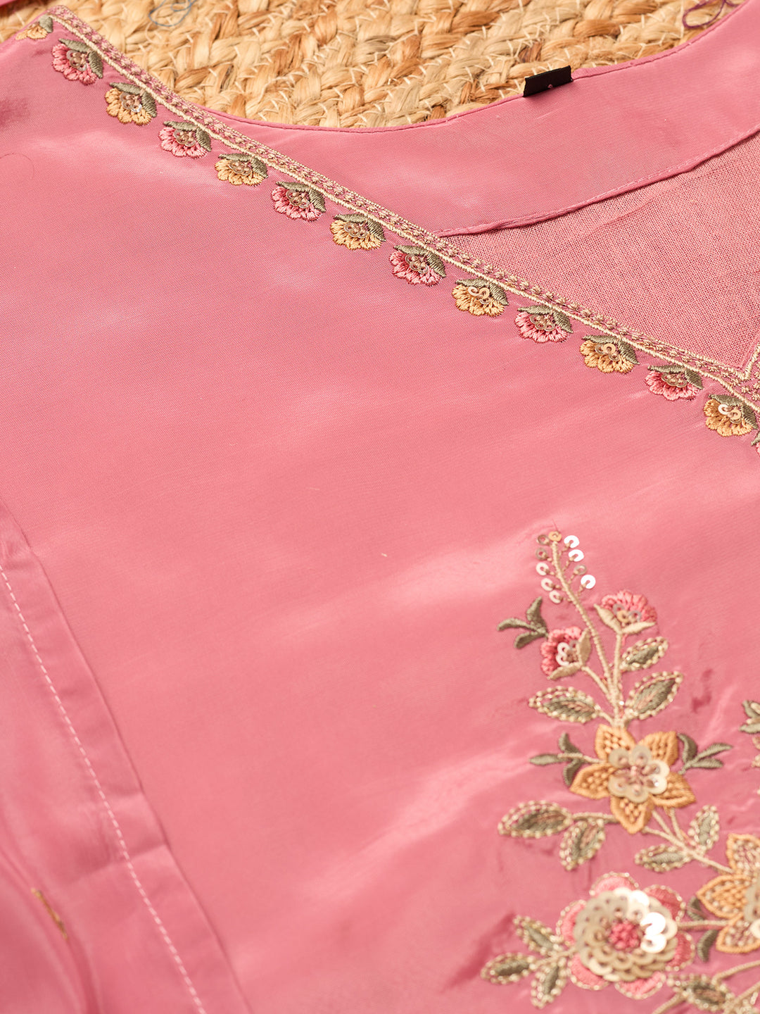 Onion Pink Semi Crepe Threadwork Straight Kurta With Pant Regular And Dupatta