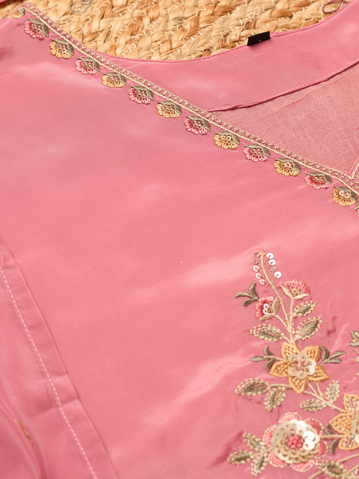 Onion Pink Semi Crepe Threadwork Straight Kurta With Pant Regular And Dupatta