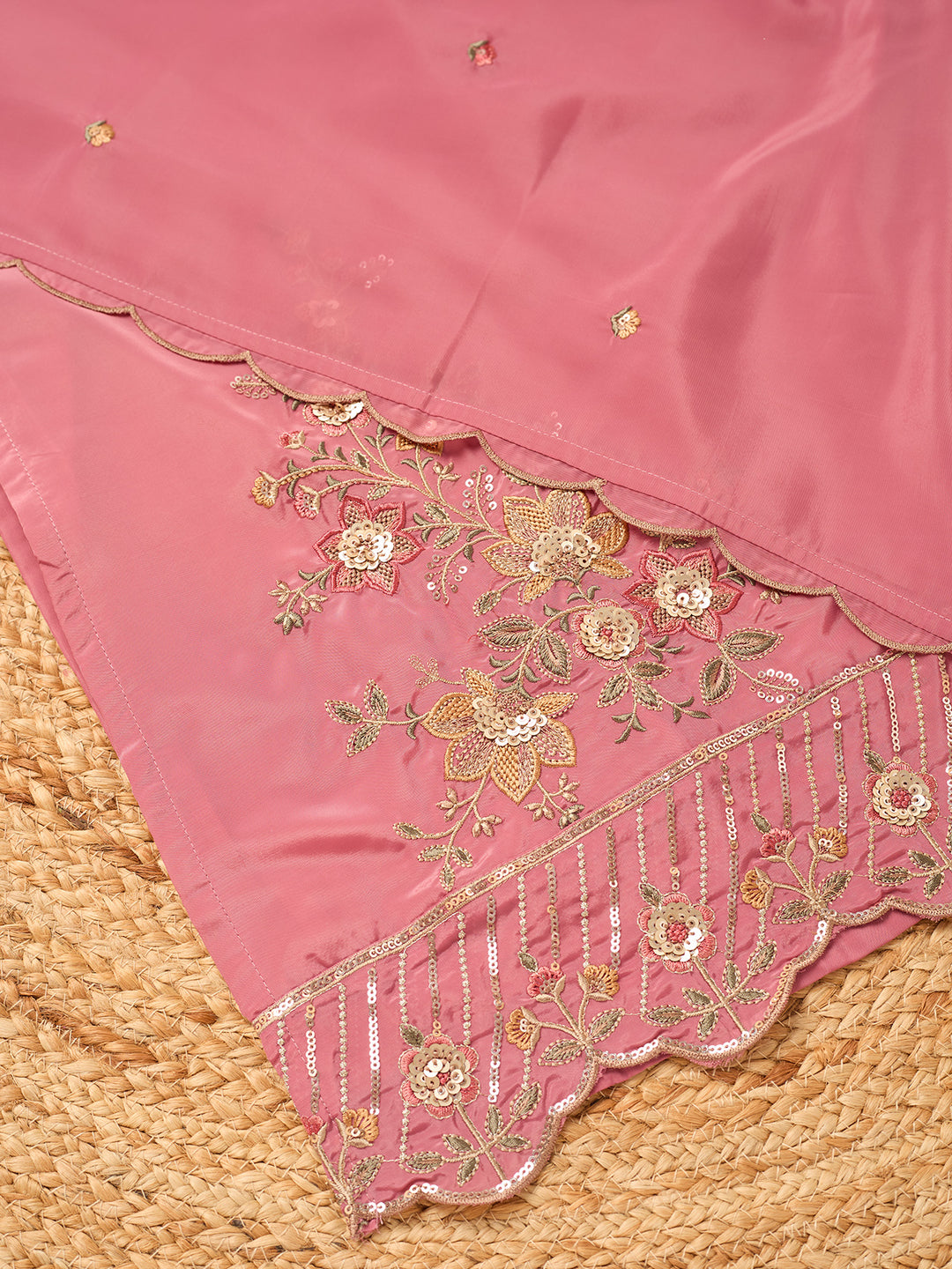 Onion Pink Semi Crepe Threadwork Straight Kurta With Pant Regular And Dupatta