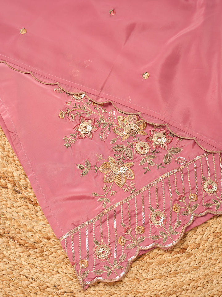 Onion Pink Semi Crepe Threadwork Straight Kurta With Pant Regular And Dupatta