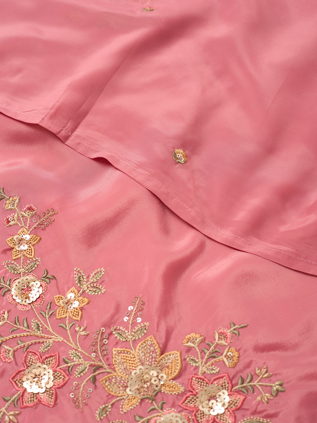 Onion Pink Semi Crepe Threadwork Straight Kurta With Pant Regular And Dupatta