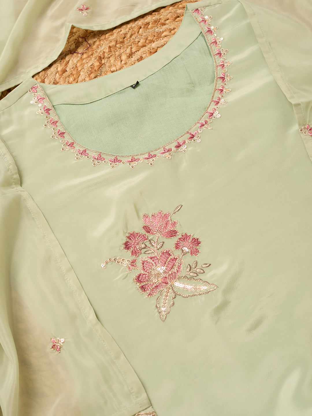 Pista Green Semi Crepe Threadwork Straight Kurta With Regular Pant And Dupatta