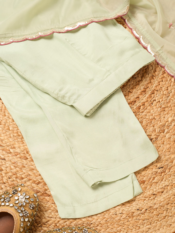 Pista Green Semi Crepe Threadwork Straight Kurta With Regular Pant And Dupatta