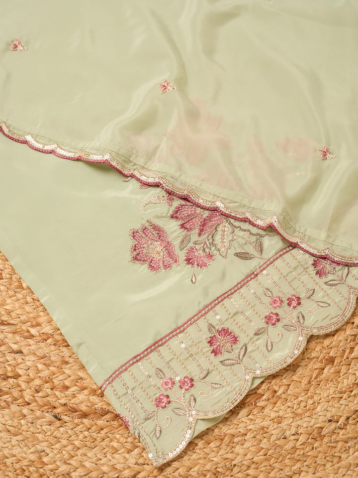 Pista Green Semi Crepe Threadwork Straight Kurta With Regular Pant And Dupatta