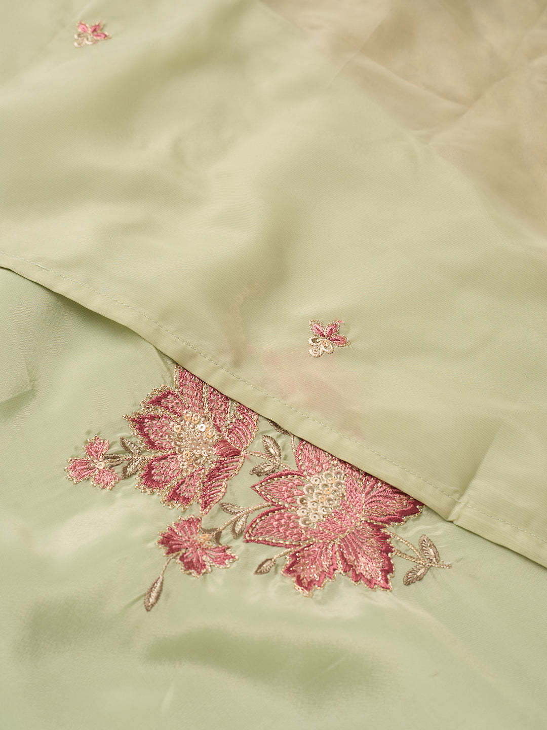 Pista Green Semi Crepe Threadwork Straight Kurta With Regular Pant And Dupatta