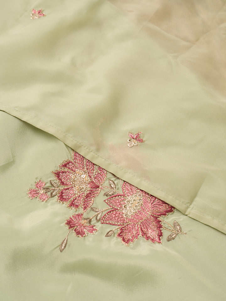 Pista Green Semi Crepe Threadwork Straight Kurta With Regular Pant And Dupatta