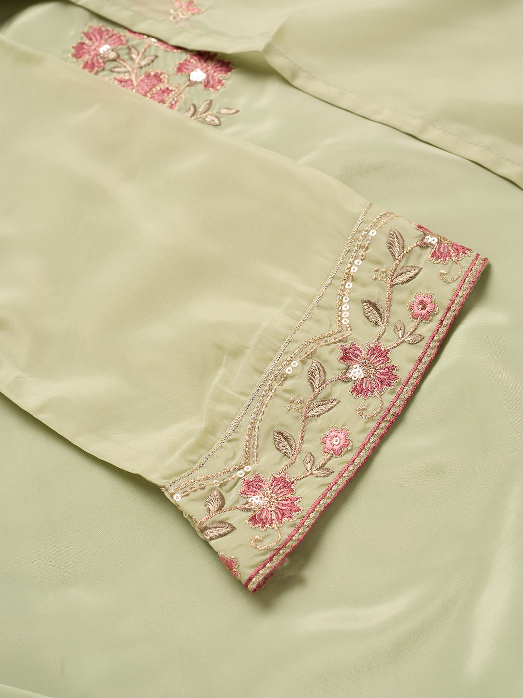 Pista Green Semi Crepe Threadwork Straight Kurta With Regular Pant And Dupatta
