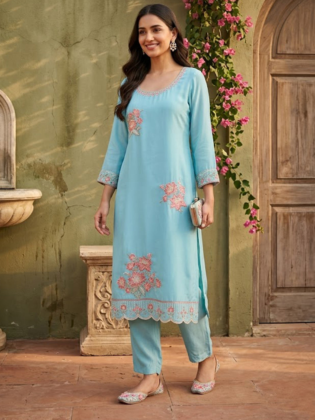Sky Blue Semi Crepe Threadwork Straight Kurta With Pant Regular And Dupatta