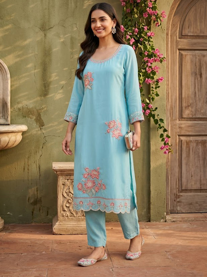Sky Blue Semi Crepe Threadwork Straight Kurta With Pant Regular And Dupatta