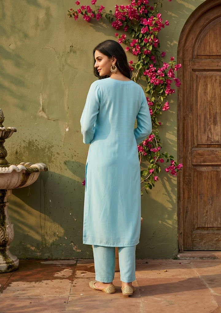 Sky Blue Semi Crepe Threadwork Straight Kurta With Pant Regular And Dupatta