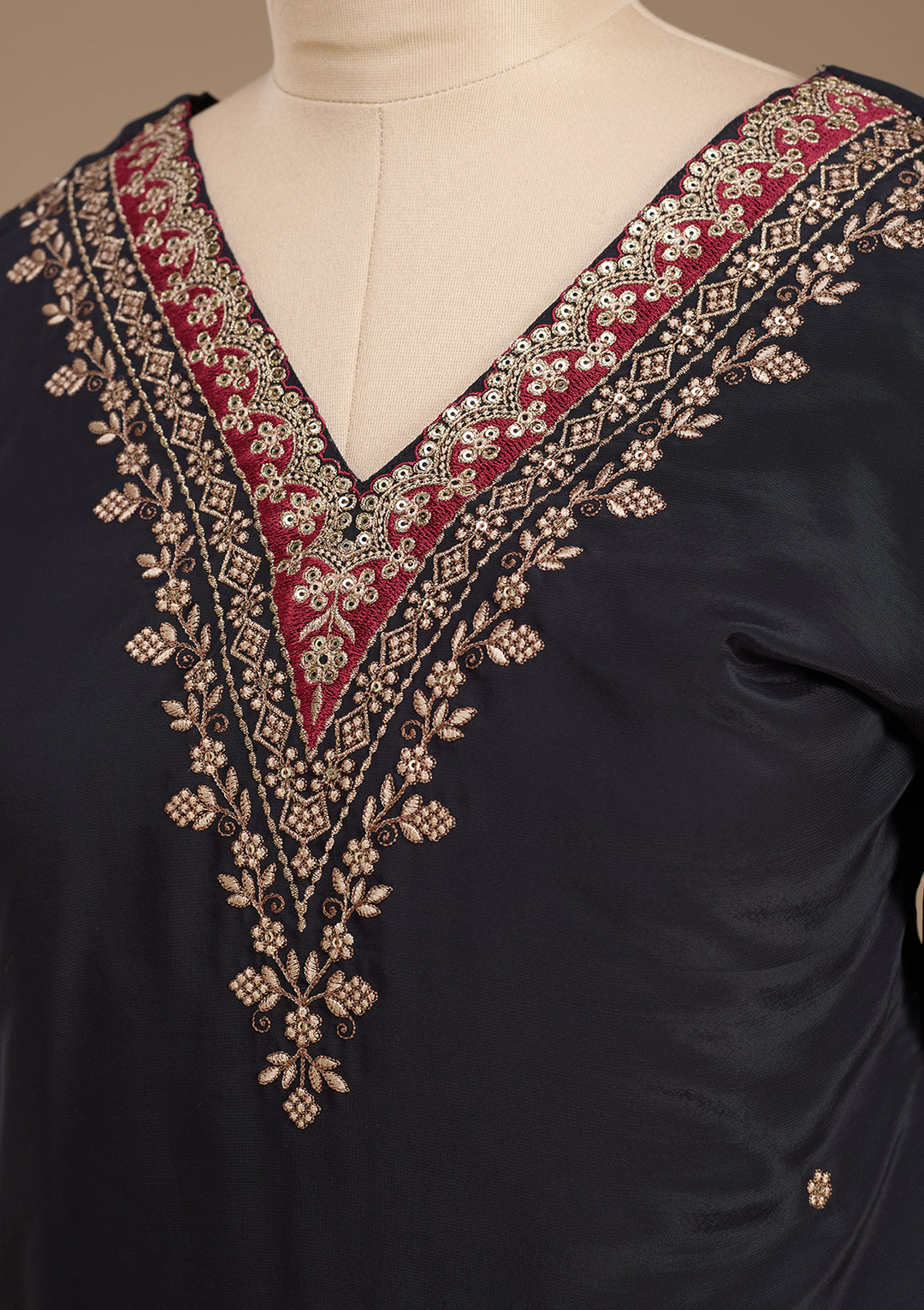 Black Semi Crepe Gold Zariwork Straight Kurta With Pant Regular And Dupatta