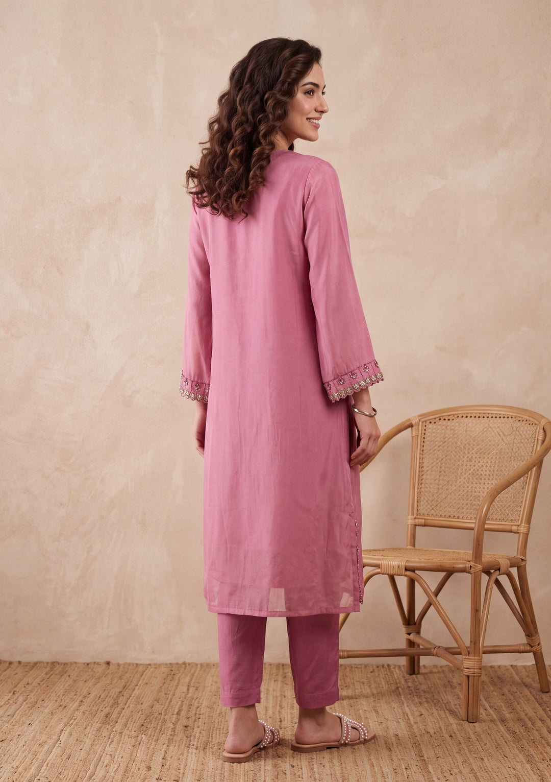 Onion Pink Threadwork Crepe Readymade Salwar Suit