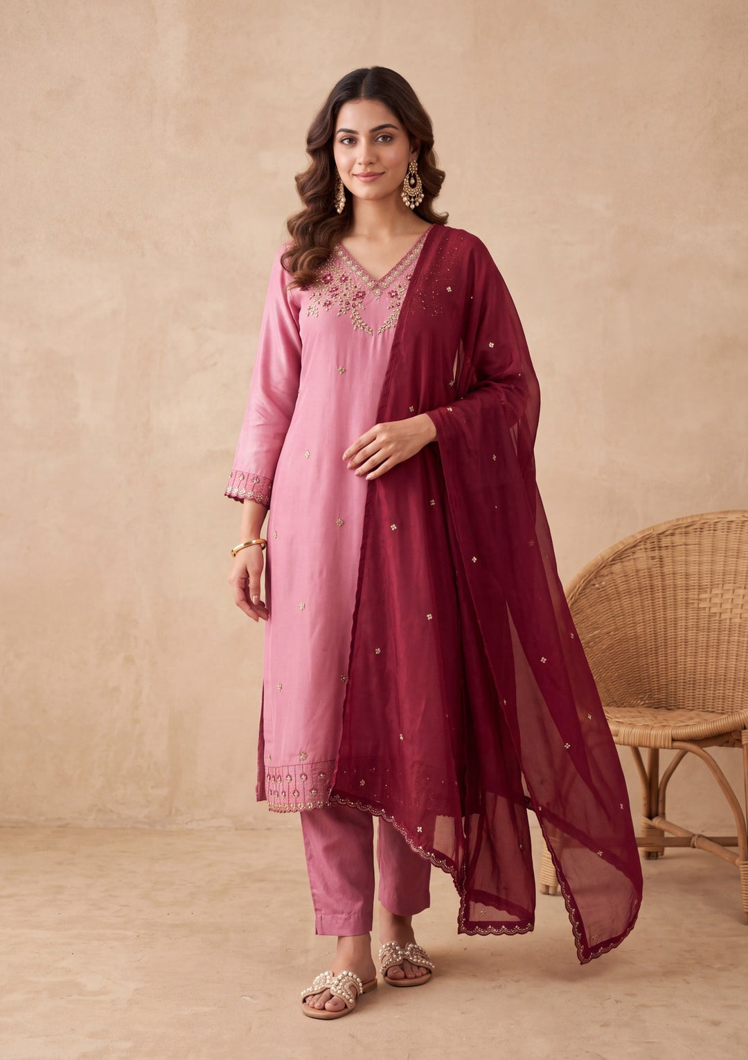 Onion Pink Threadwork Crepe Readymade Salwar Suit