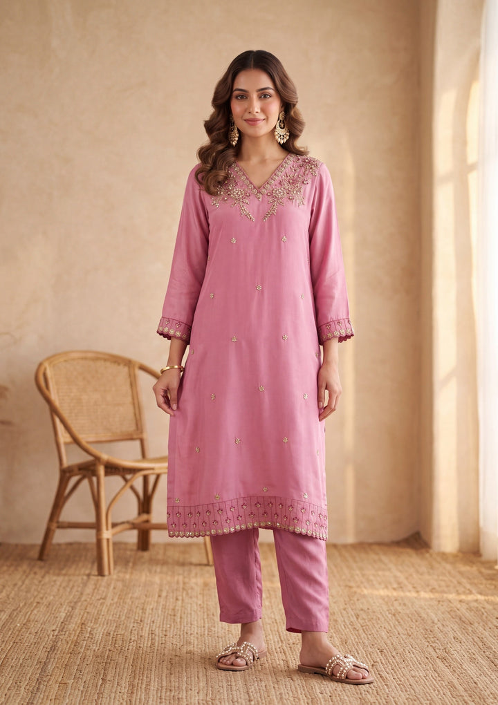 Onion Pink Threadwork Crepe Readymade Salwar Suit