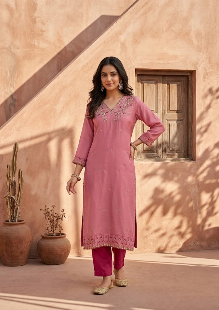 Pink Semi Crepe Threadwork Straight Kurta With Regular Pant And Dupatta