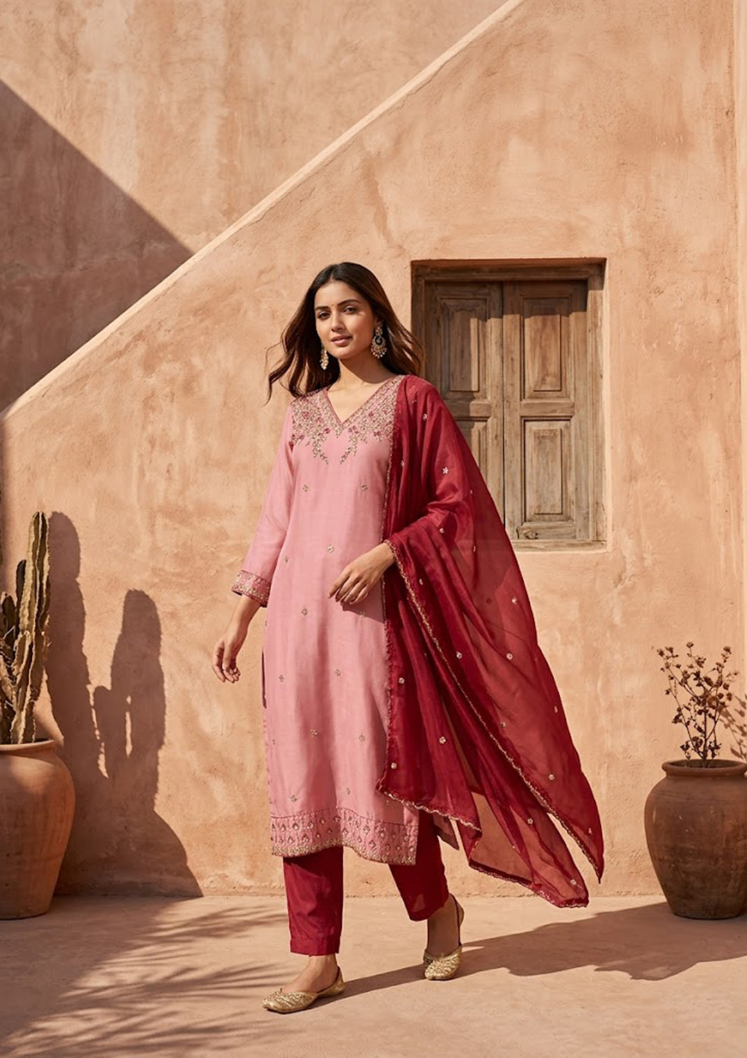 Pink Semi Crepe Threadwork Straight Kurta With Regular Pant And Dupatta