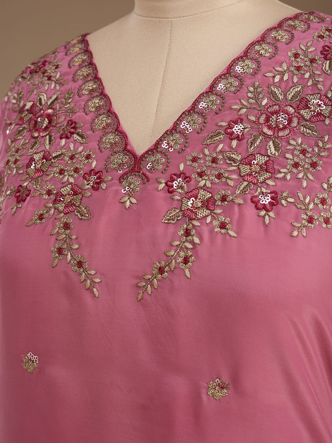Pink Semi Crepe Threadwork Straight Kurta With Regular Pant And Dupatta