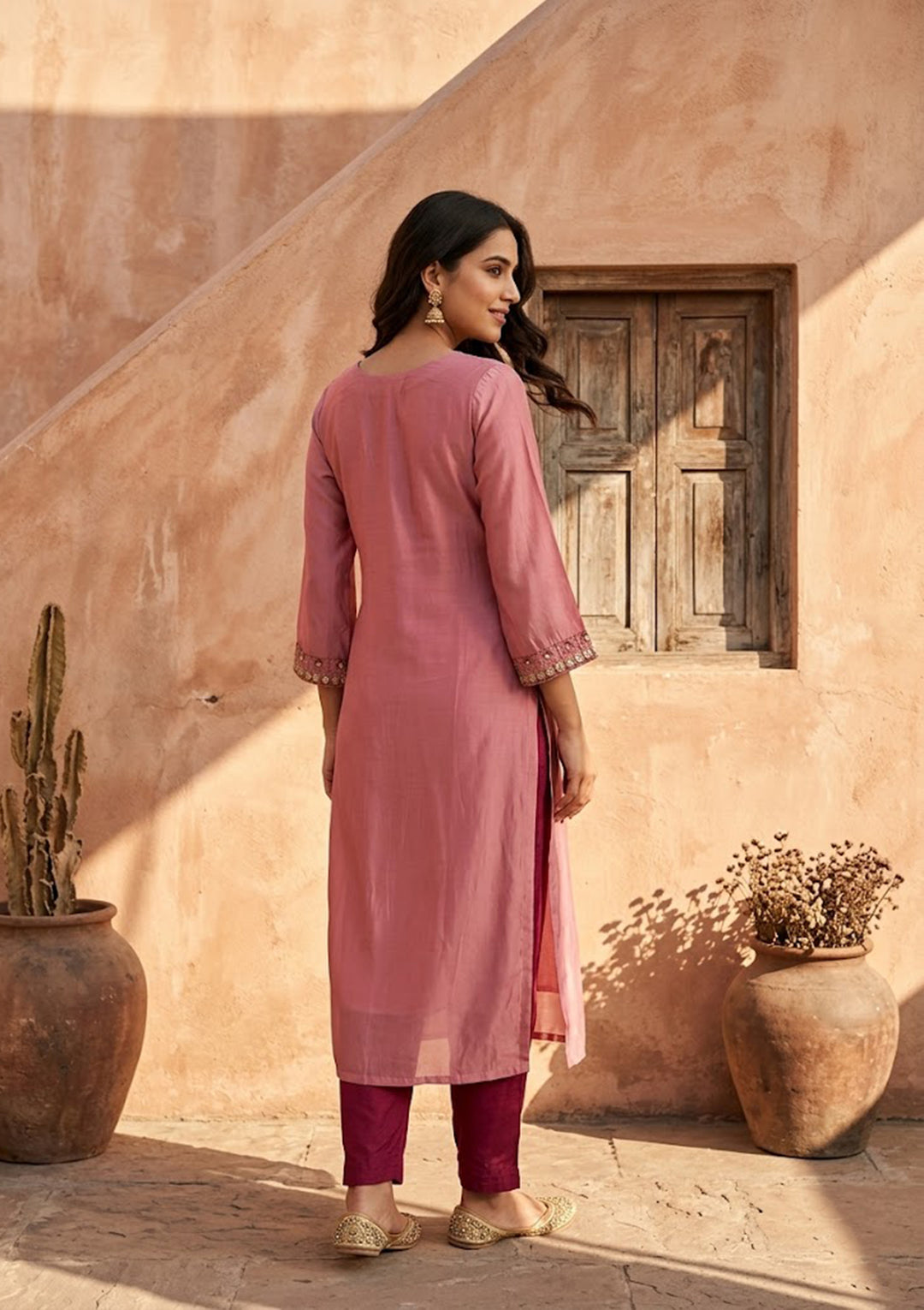 Pink Semi Crepe Threadwork Straight Kurta With Regular Pant And Dupatta