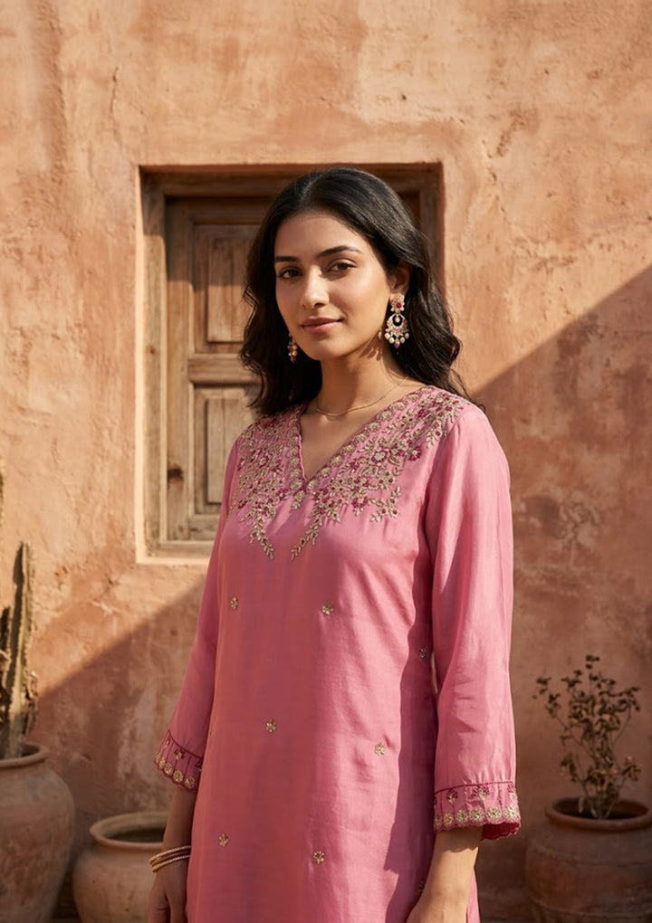 Pink Semi Crepe Threadwork Straight Kurta With Regular Pant And Dupatta