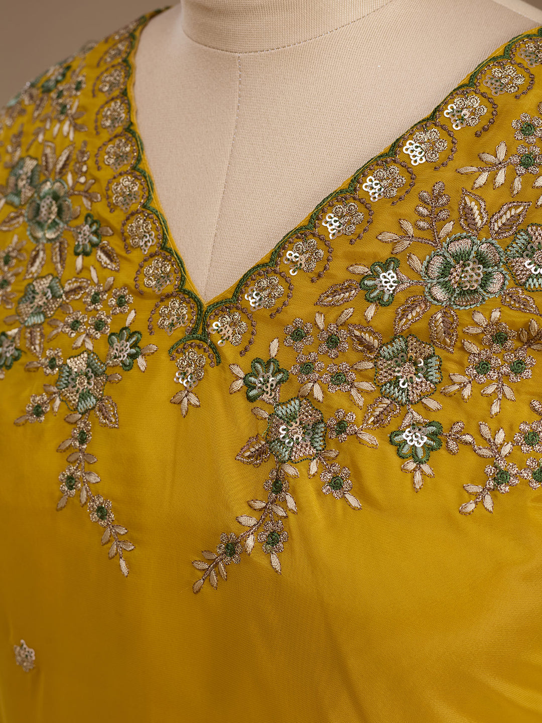 Yellow Semi Crepe Threadwork Straight Kurta With Pant Regular And Dupatta