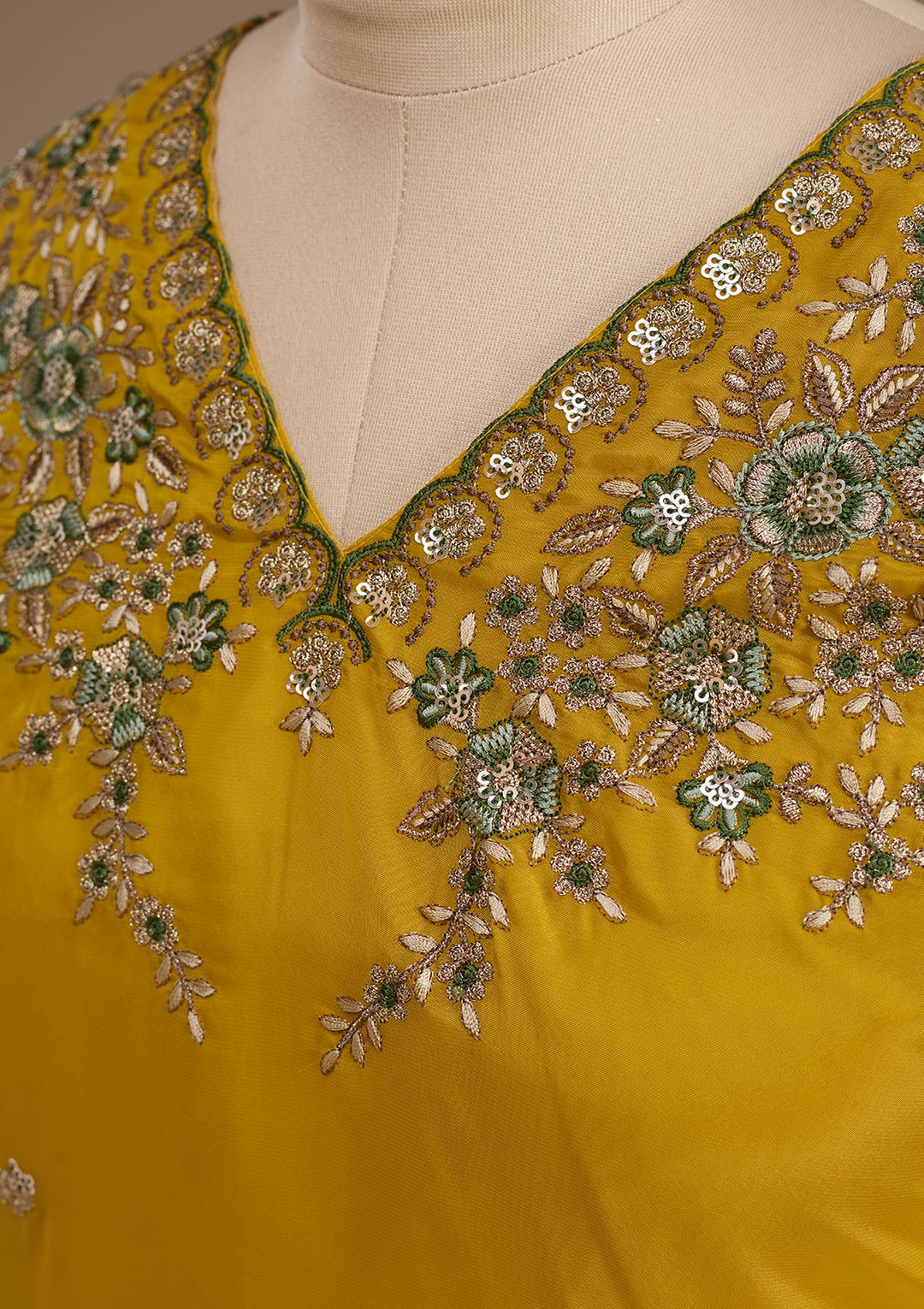 Mustard Threadwork Semi Crepe Readymade Salwar Suit