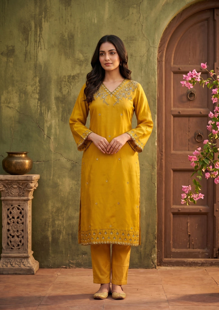 Mustard Threadwork Semi Crepe Readymade Salwar Suit