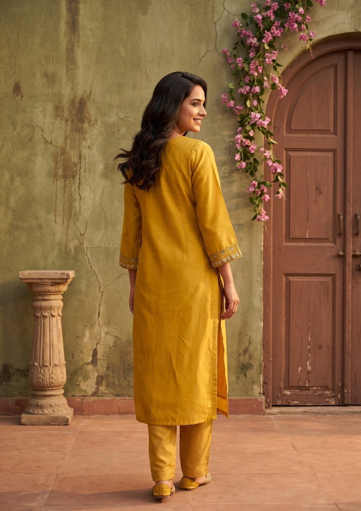 Mustard Threadwork Semi Crepe Readymade Salwar Suit