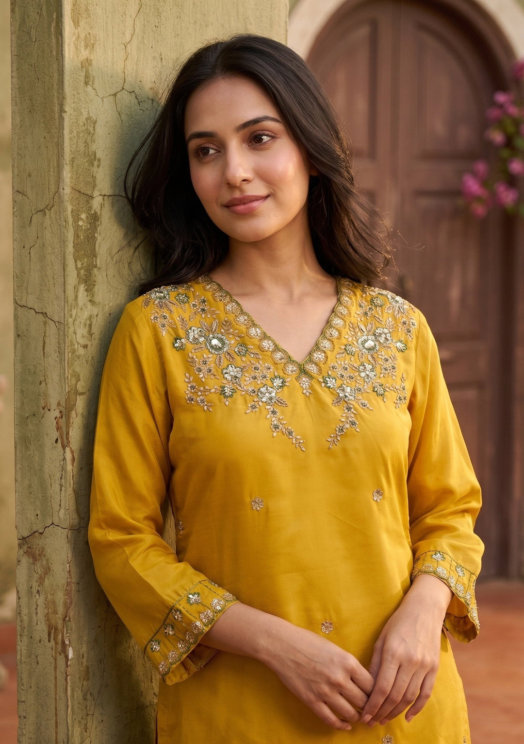 Mustard Threadwork Semi Crepe Readymade Salwar Suit