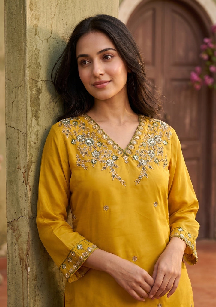 Mustard Threadwork Semi Crepe Readymade Salwar Suit
