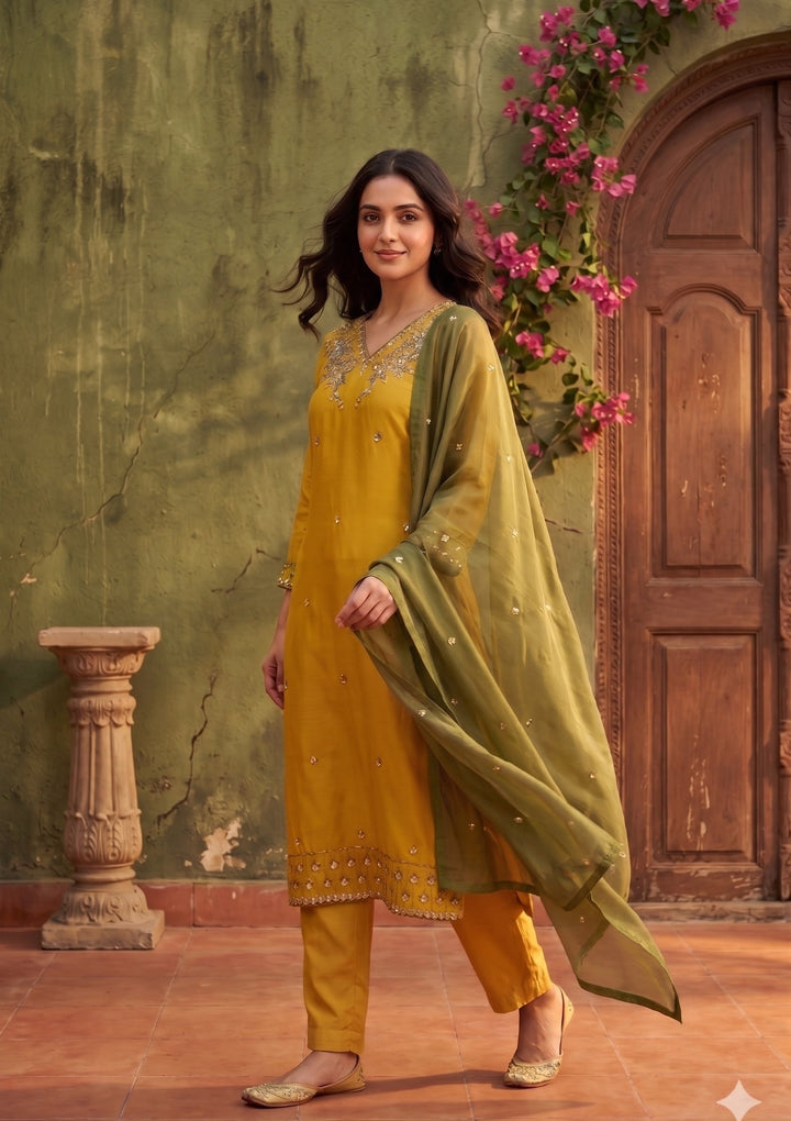 Mustard Threadwork Semi Crepe Readymade Salwar Suit