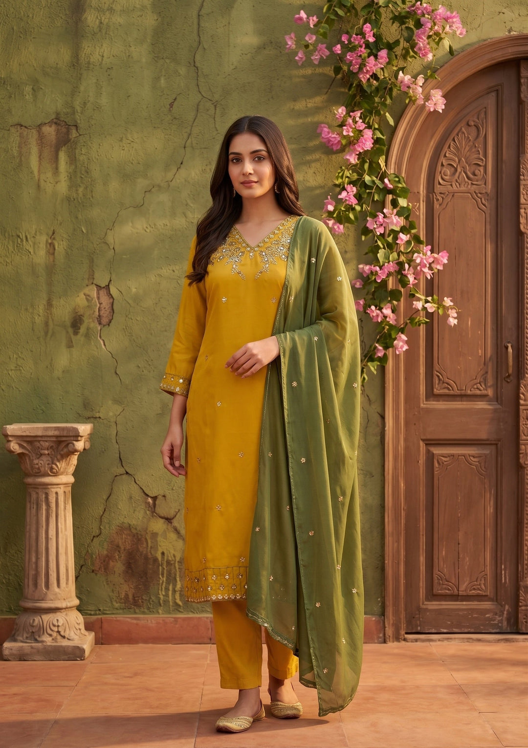 Mustard Threadwork Semi Crepe Readymade Salwar Suit