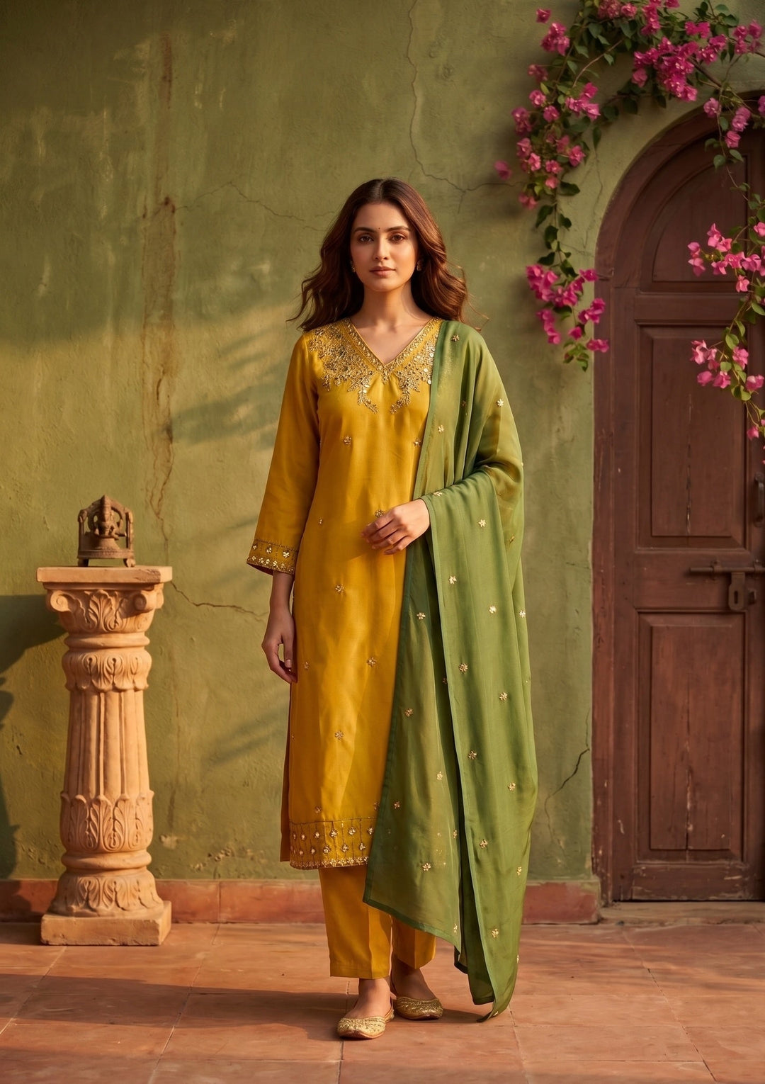 Mustard Threadwork Semi Crepe Readymade Salwar Suit