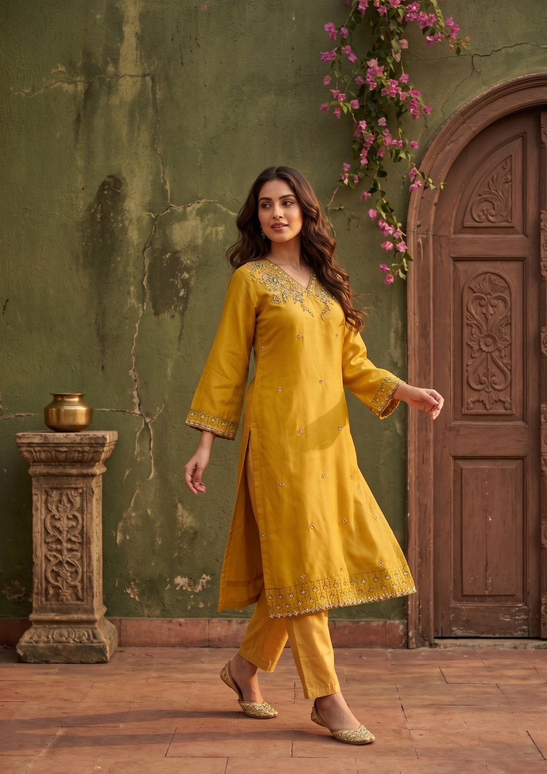 Mustard Threadwork Semi Crepe Readymade Salwar Suit