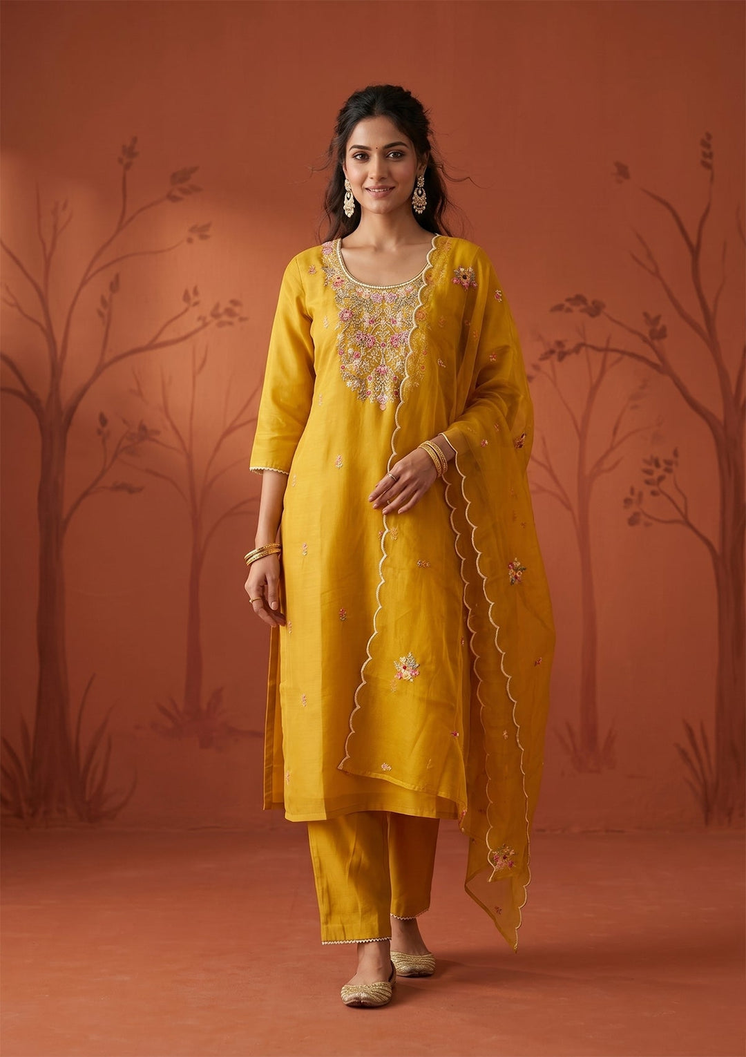 Mustard Threadwork Art Silk Readymade Salwar Suit