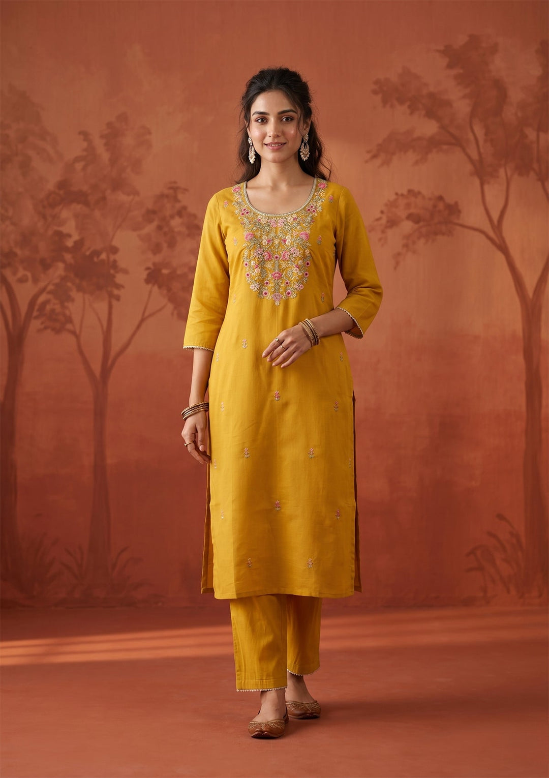 Mustard Threadwork Art Silk Readymade Salwar Suit