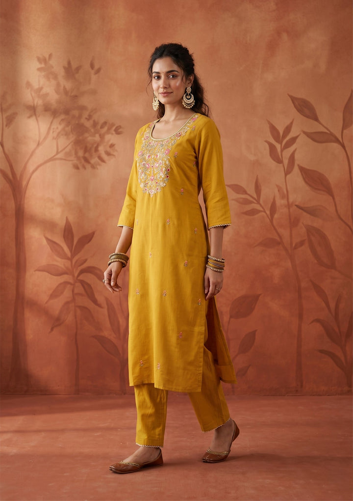 Mustard Threadwork Art Silk Readymade Salwar Suit