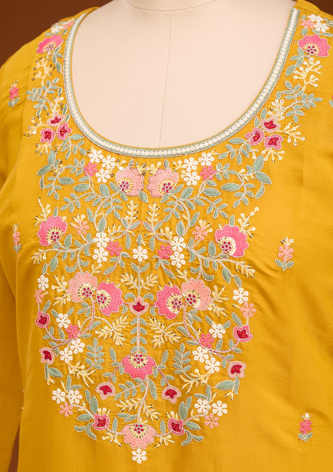 Mustard Threadwork Art Silk Readymade Salwar Suit