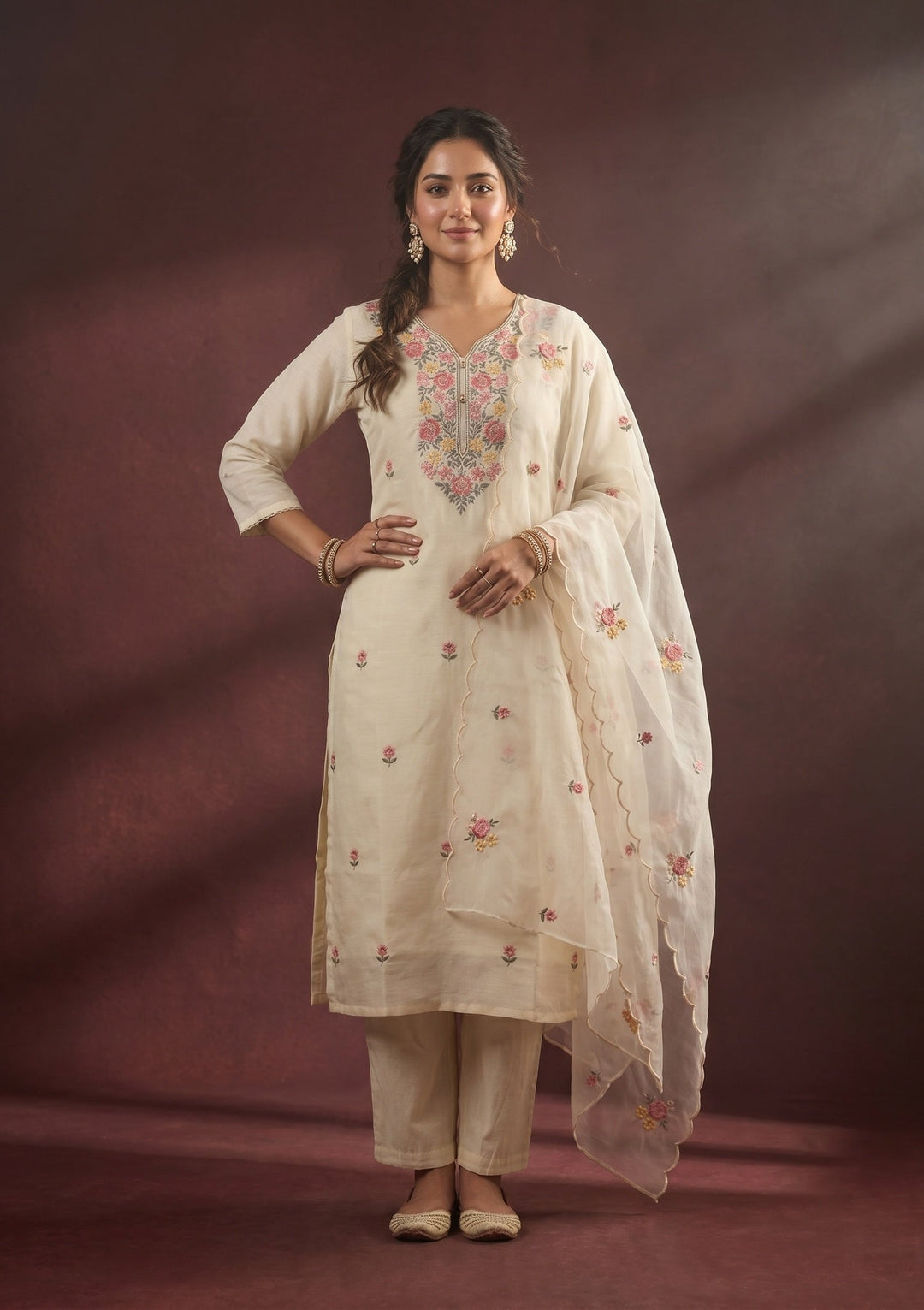 Cream Threadwork Art Silk Readymade Salwar Suit
