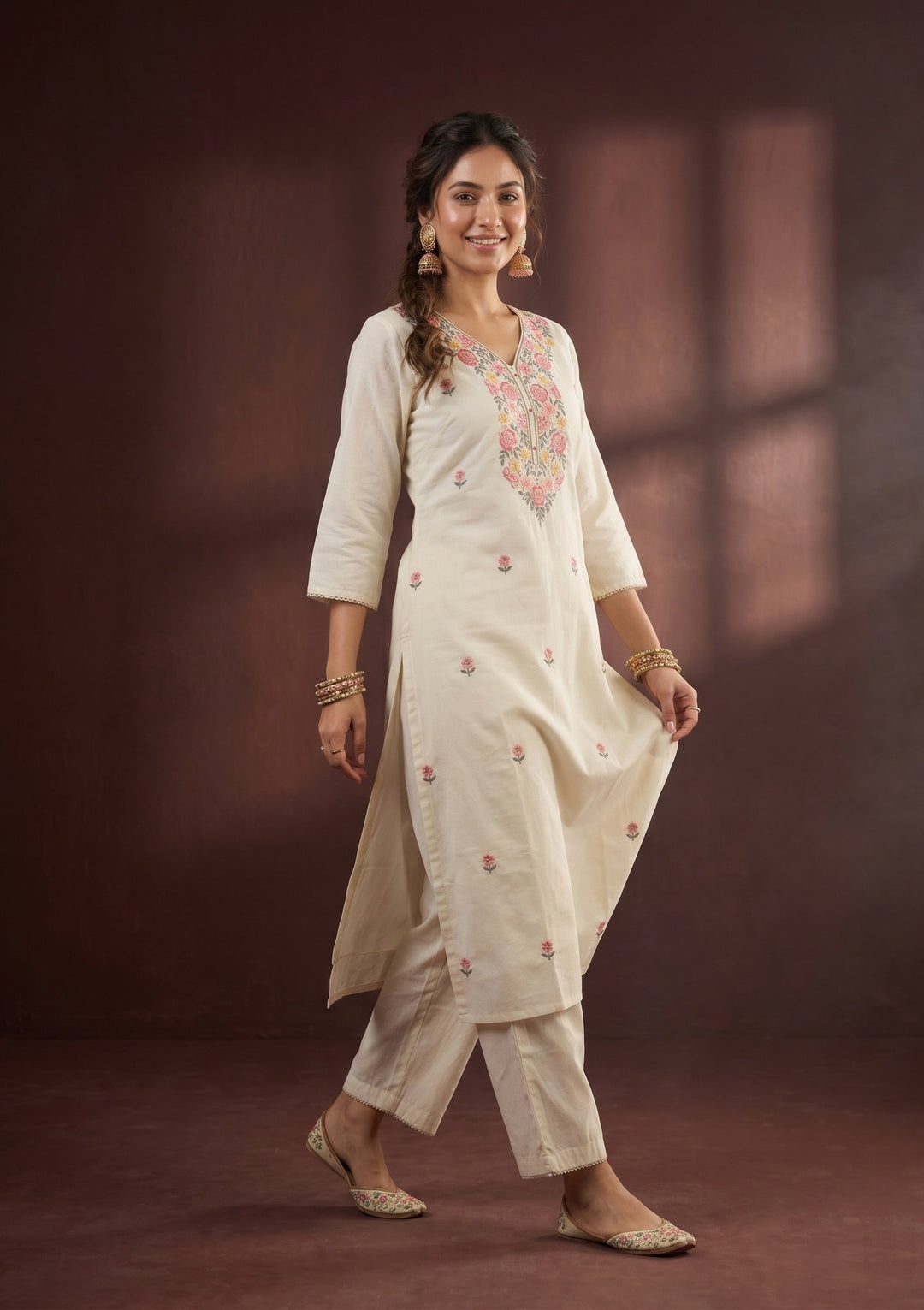 Cream Threadwork Art Silk Readymade Salwar Suit