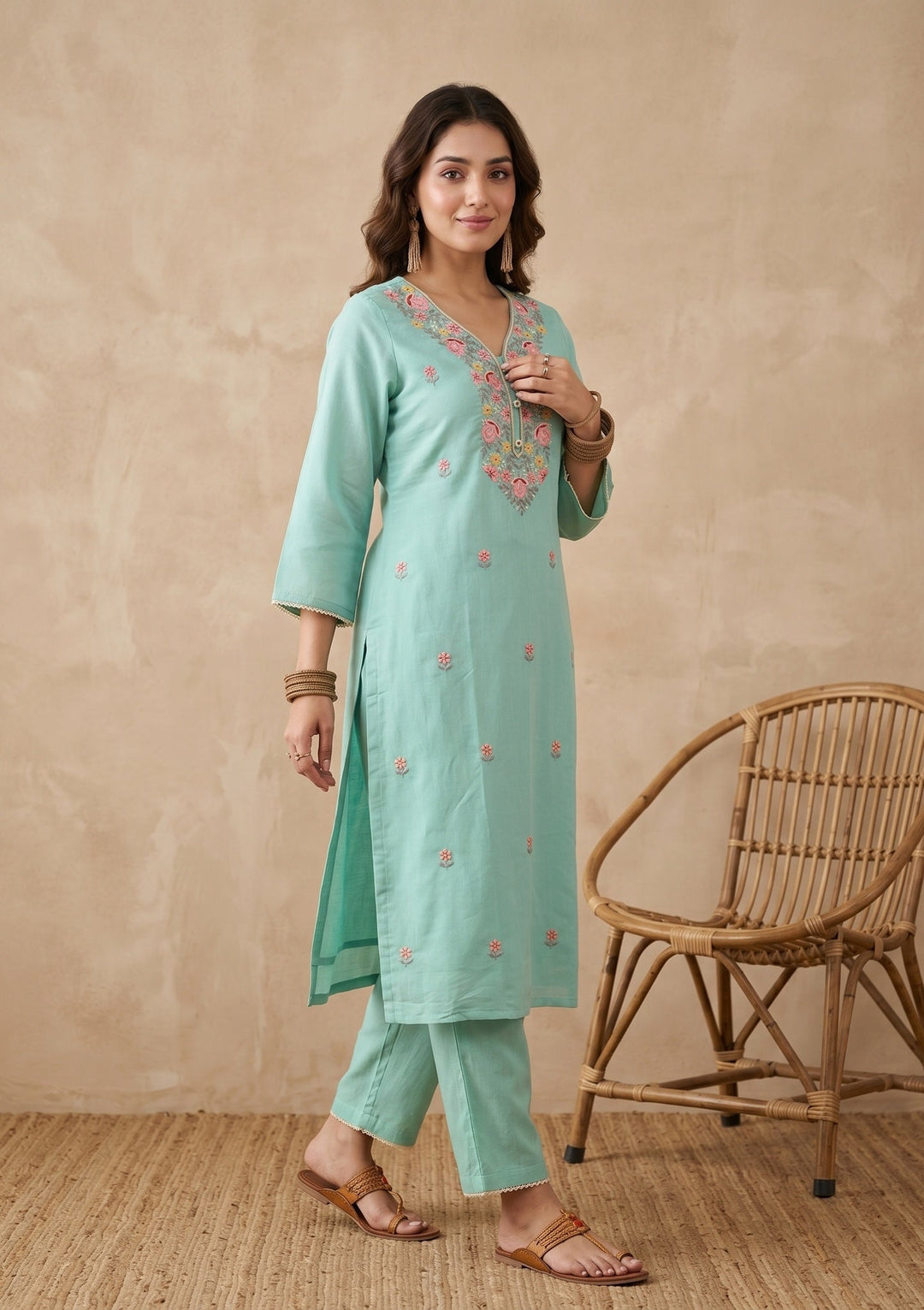 Sea Green Threadwork Art Silk Readymade Salwar Suit
