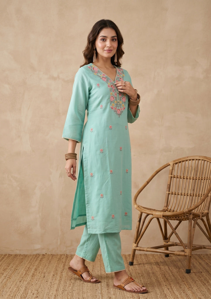 Sea Green Threadwork Art Silk Readymade Salwar Suit