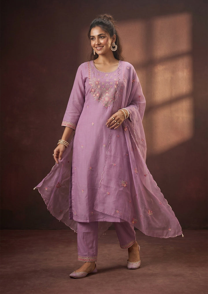 Lavender Silk Threadwork Straight Kurta With Pant Regular And Dupatta