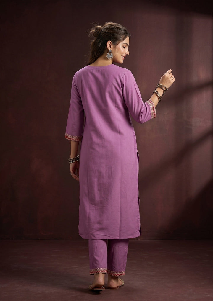 Lavender Silk Threadwork Straight Kurta With Pant Regular And Dupatta