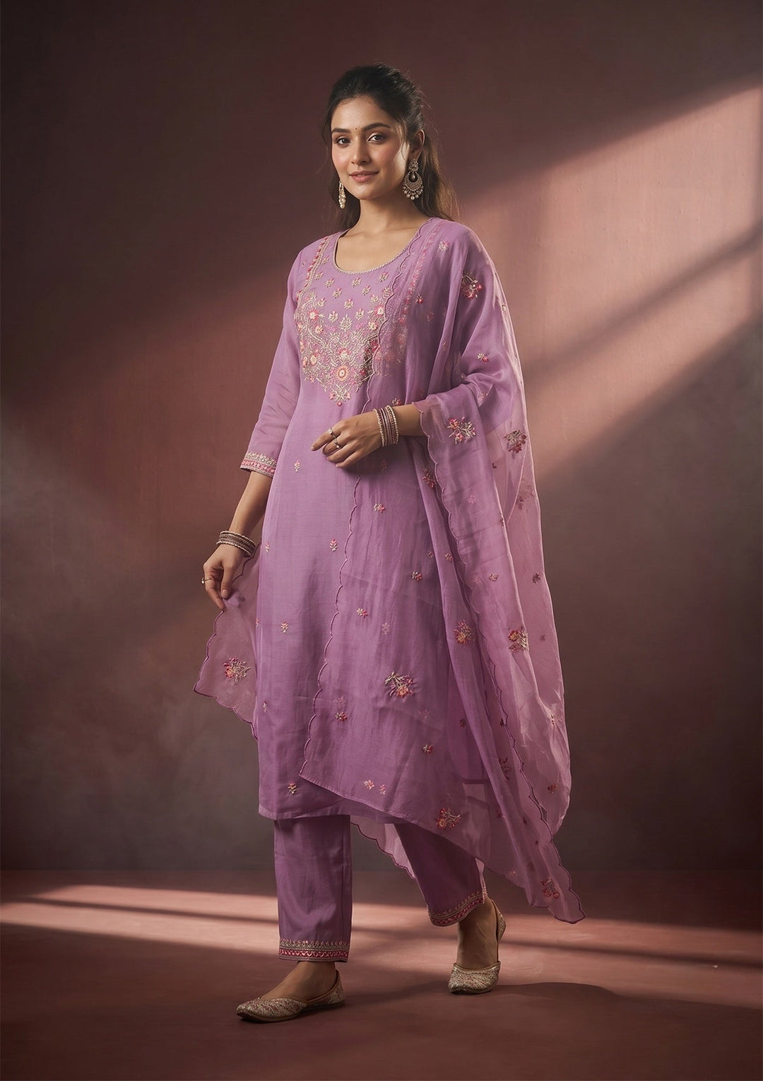 Lavender Silk Threadwork Straight Kurta With Pant Regular And Dupatta