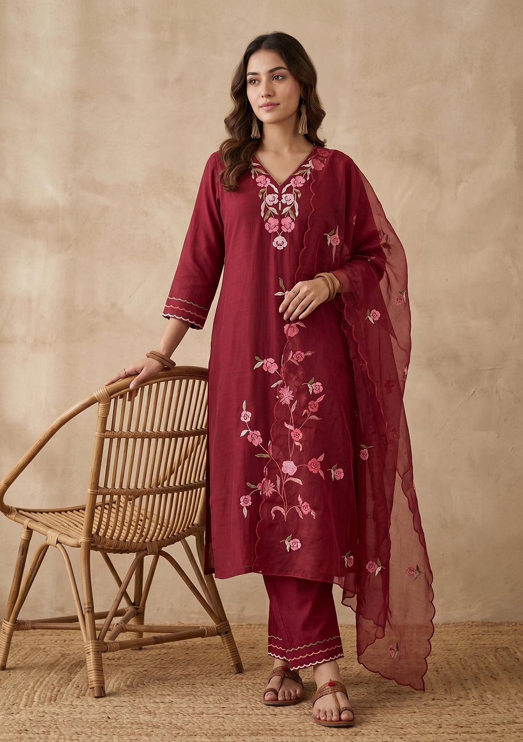 Maroon Threadwork Silk Readymade Salwar Suit