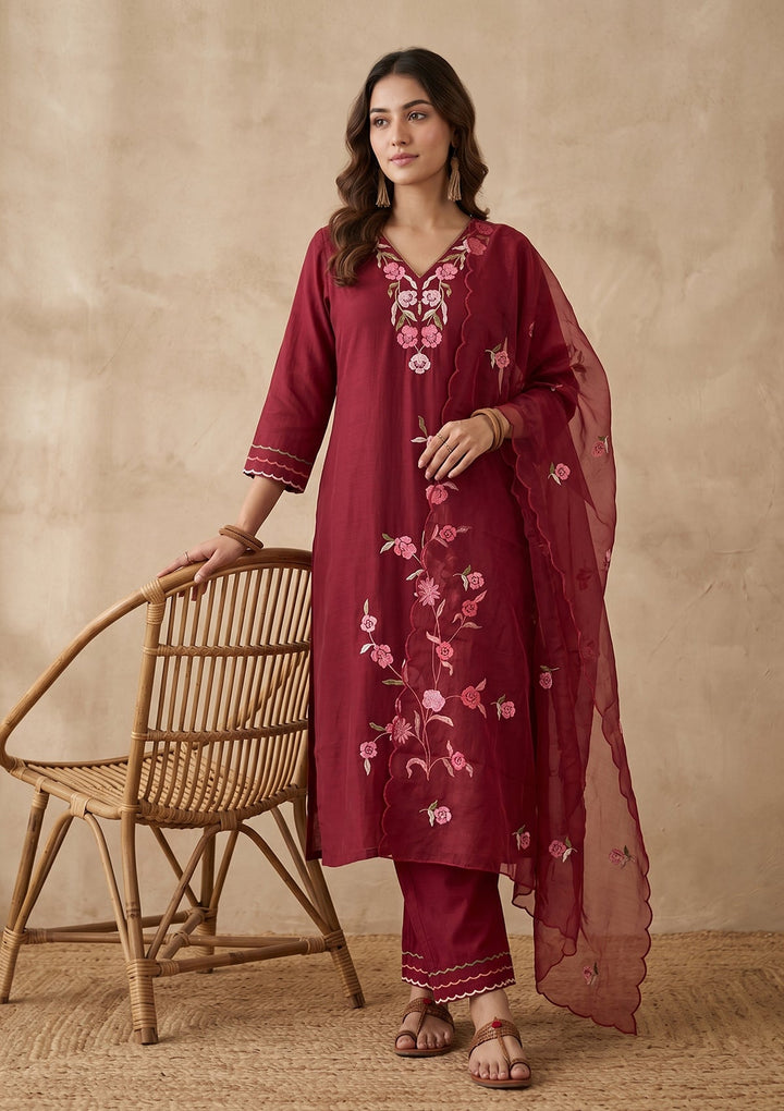 Maroon Threadwork Silk Readymade Salwar Suit