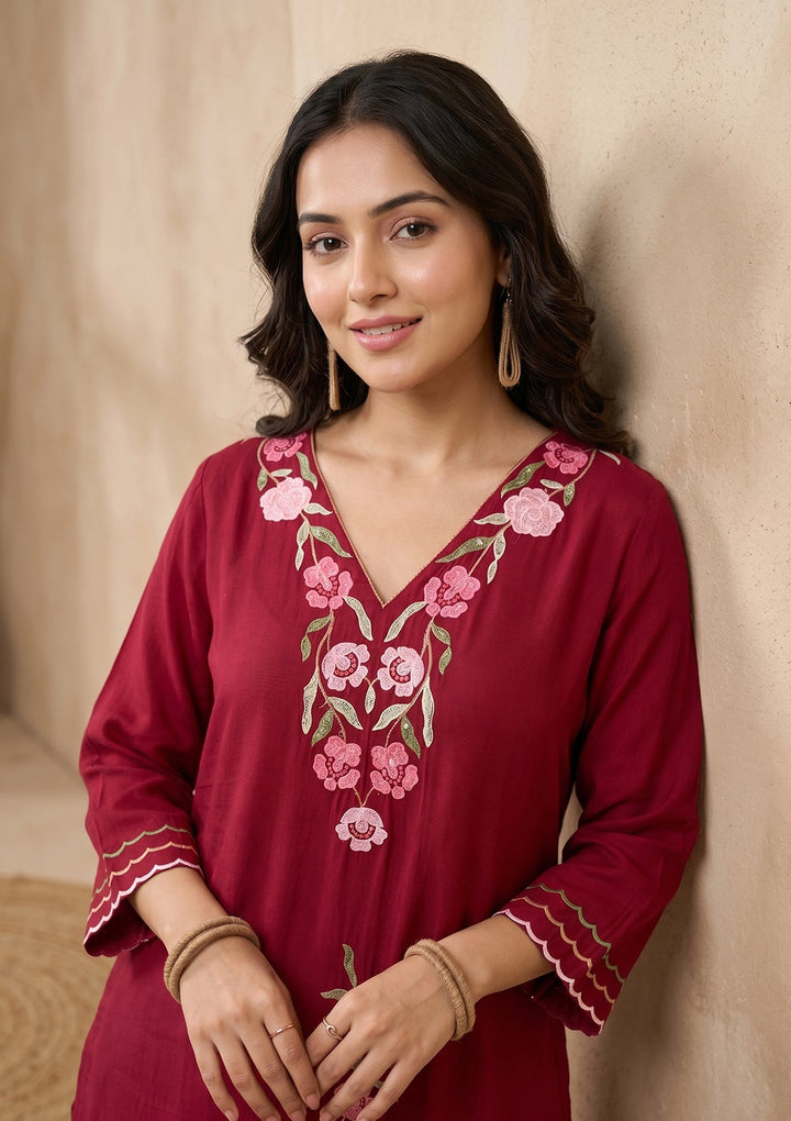 Maroon Threadwork Silk Readymade Salwar Suit